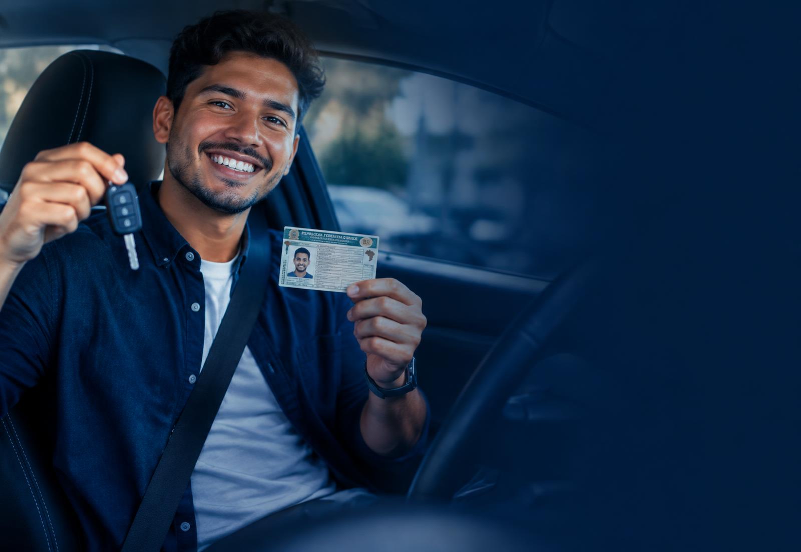 Motorista sorrindo dentro do carro segurando a chave e a CNH recuperada